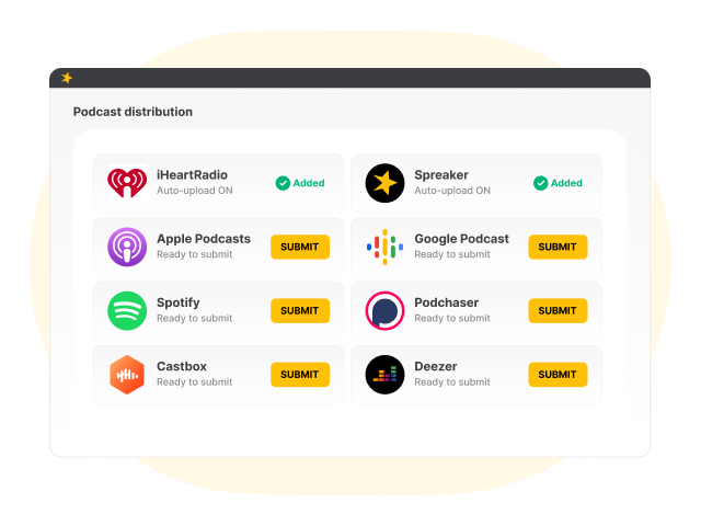 a Spreaker podcast distribution screenshot with multiple platforms such as Apple Podcasts, Spotify, iHeartRadio and Google Podcasts.